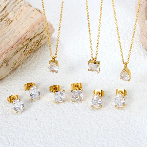 Stainless Steel Zirconia Necklace And Earrings Collection For Women Gold Silver Heart Waterdrop Square Elegant Jewelry
