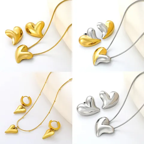 Minimalist Stainless Steel Heart Jewelry Set For Women Gold Silver Plated Enamel Shell Heart Necklace And Earrings Set