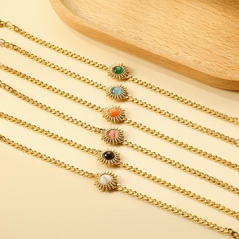 Zon Hanger Armband 18K Verguld Roestvrij Staal Kattenoog Steen Retro Cubaanse Ketting Verstelbaar Voor Dames Niche Stijl