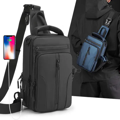 Men Tactical Functional Chest Bag Water Repellent Oxford Cloth Sling Bag Outdoor Multi-Pocket Shoulder Bag With USB Port