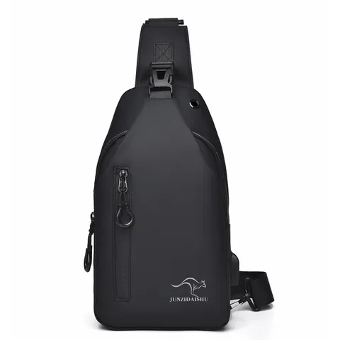 Sac de Poitrine en Nylon Imperméable pour Hommes Avec Port de Charge USB Trou pour Écouteurs Sac à Bandoulière Décontracté Sacoche de Voyage Mode