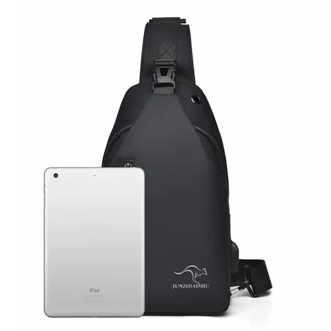 Sac de Poitrine en Nylon Imperméable pour Hommes Avec Port de Charge USB Trou pour Écouteurs Sac à Bandoulière Décontracté Sacoche de Voyage Mode