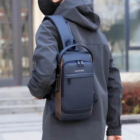 Men's Waterproof Sling Chest Bag Anti-Theft Password Lock USB Charging Port Solid Color Motorcycle Crossbody Shoulder Bag