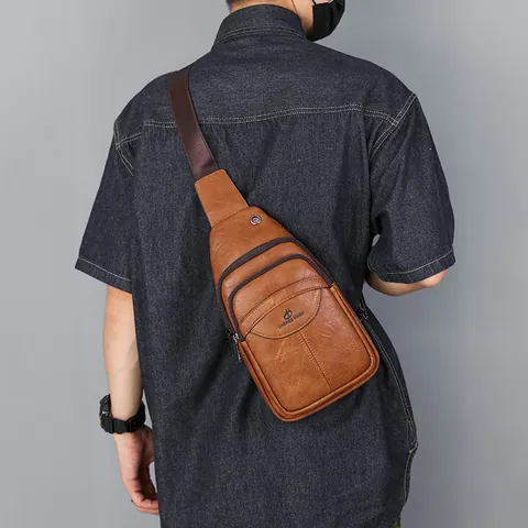 Bolso de Pecho de Cuero PU para Hombre Retro Bolso de Hombro Cruzado Casual Multidepartamento Con Agujero para Auriculares