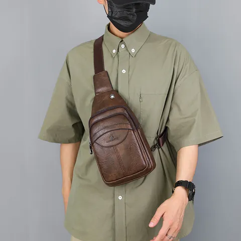 Bolso de Pecho de Cuero PU para Hombre Retro Bolso de Hombro Cruzado Casual Multidepartamento Con Agujero para Auriculares