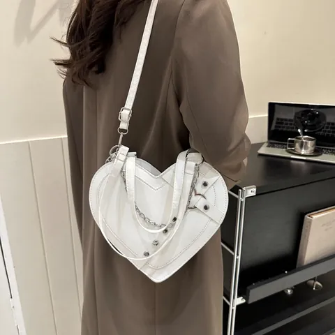 Women Heart Shaped PU Leather Crossbody Bag With Metal Chain Rivet Cross Pendant Punk Gothic Y2K Style Shoulder Handbag