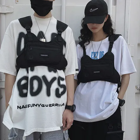 Streetwear Tactical Chest Bag For Men Women Techwear Vest Bag Adjustable Multi Pocket Oxford Cloth Running Sport Chest Rig Black