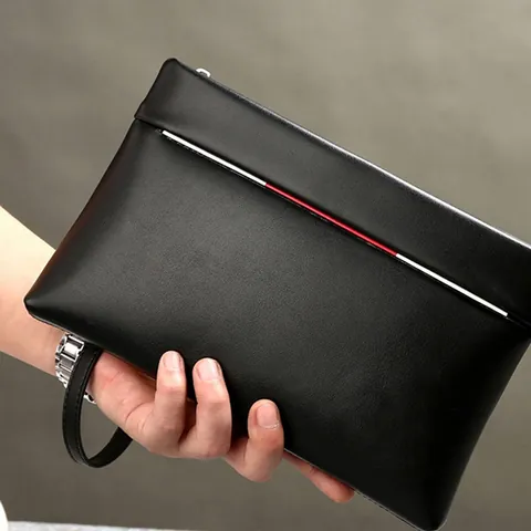 Men's Minimalist PU Leather Clutch Bag Large Capacity Business Casual Wristlet Handbag Solid Color Envelope Bag Black