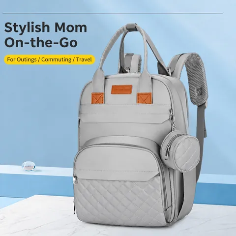 Fashion Oxford Cloth Diaper Backpack Large Capacity Waterproof Mummy Bag With Portable Folding Bed And Mini Round Pouch For Women Outdoor Travel