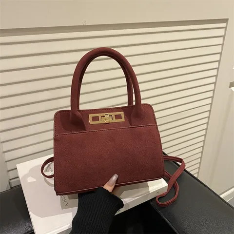 Borsa a Mano Quadrata Vintage da Donna in Scamosciato Con Chiusura in Metallo Elegante Borsa a Tracolla Per Pendolarismo Quotidiano Ufficio