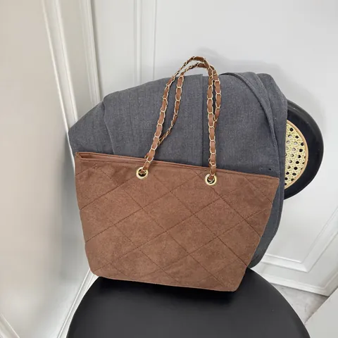 Borsa Tote da Donna a Rombi Grande Capacità in Tessuto Scamosciato Tracolla a Catena Dorata per Ufficio Pendolarismo Quotidiano