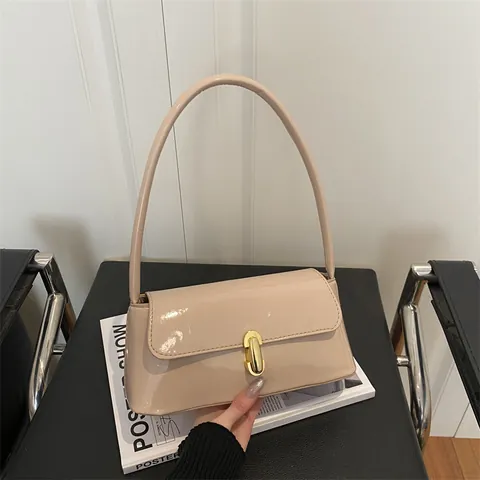 Bolso de Axila de Cuero PU Estilo Francés para Mujer Bolso de Hombro Baguette Vintage Con Hebilla de Metal Dorado Bolso de Mano de Moda Color Sólido Oficina Accesorio Diario