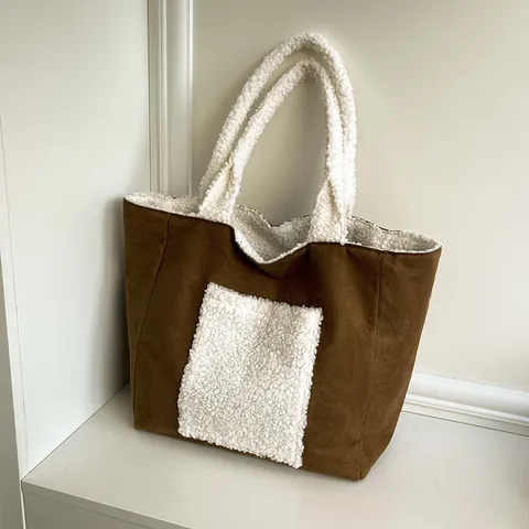 Γυναικεία Μόδα Τσάντα Tote Patchwork από Μαλλί Αρνιού Μεγάλη Χωρητικότητα Τσάντα Ώμου από Σουέντ Απομίμηση Χειμερινή