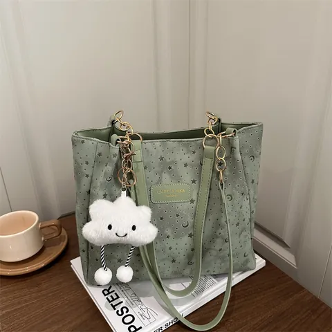 Women Fashion Large Capacity Tote Bag Star Moon Print Chain Strap Commuter Shoulder Bag Versatile Ladie Handbag Elegant Daily Shopper