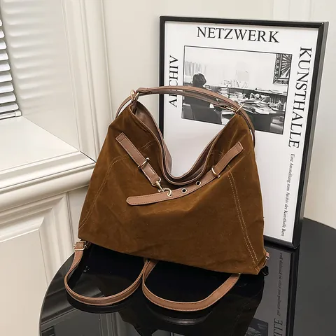 Bolso Hobo de Gamuza Sintética Vintage Mujer Bolso Tote Gran Capacidad Hombro con Cinturón Decorativo Estilo Coreano