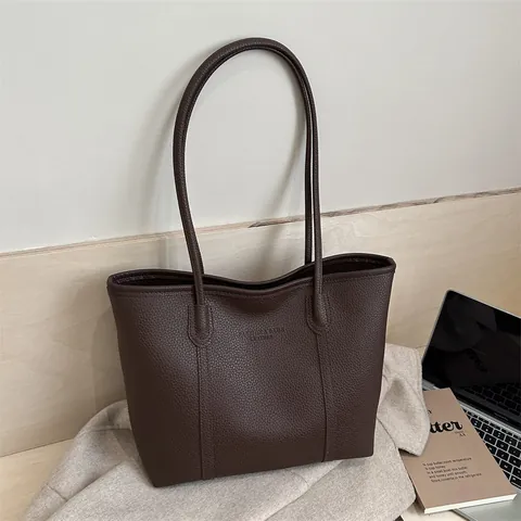 Large Capacity PU Leather Tote Bag For Women Minimalist Litchi Texture Commuter Shoulder Bag Soft Square Casual Handbag
