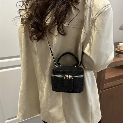 Vintage PU Suède Mini Crossbody Tas Voor Dames Retro Effen Luipaardprint Handtas Schoudertas Met Kettingriem