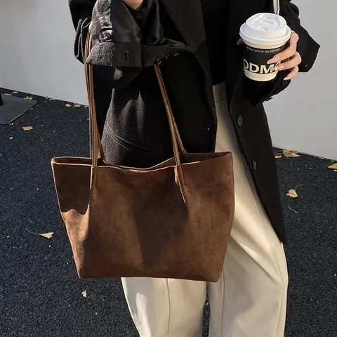 Sac Fourre-tout Minimaliste pour Femmes Grande Capacité Texture Daim Givrée Sac à Épaule Rétro Urbain Sac à Main de Mode