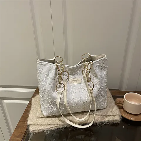 Women Large Capacity Tote Bag Star Embroidery Wrinkled Texture Shoulder Bag With Gold Chain Strap And Plush Cloud Charm