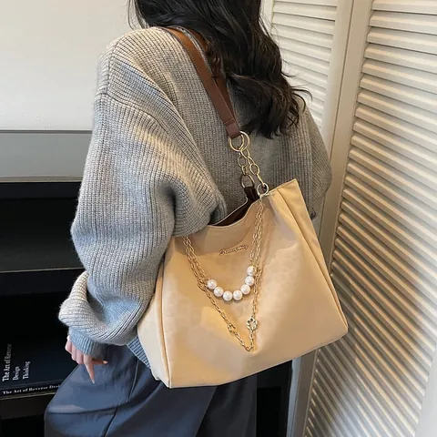 Borsa Tote da Donna di Grande Capacità in Pelle PU Borsa a Tracolla Minimalista Retrò Con Catena di Künstliche Perle e Fiori