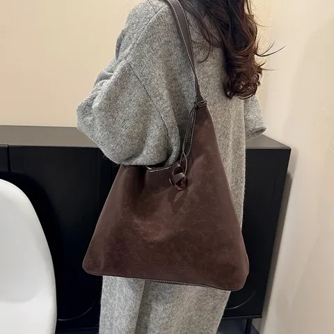Bolso Tote Vintage de Gran Capacidad para Mujer Cuero PU Color Sólido Bolso de Hombro Con Costuras en Contraste Bolso Hobo Sencillo para Viaje