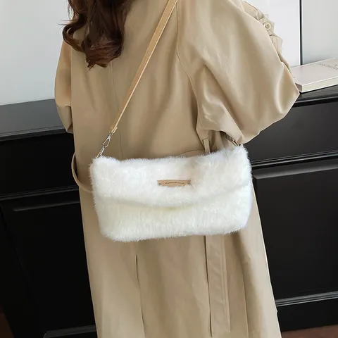 Bolso Bandolera de Piel Sintética para Mujer Moda de Invierno Bolso de Hombro de Peluche Vintage Color Sólido Con Solapa