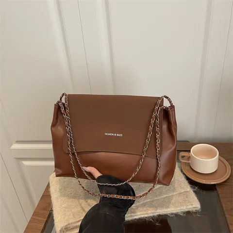 Dames Vintage PU Leer Grote Capaciteit Tote Bag Minimalistisch Ketting Schoudertas Crossbody Tas Met Flap Mode Letter Print