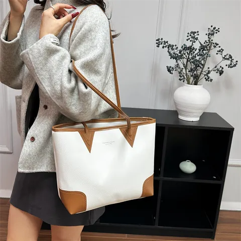 Large Capacity Women PU Leather Tote Bag Fashion Litchi Pattern Commuter Shoulder Bag Korean Style Solid Color Handbag