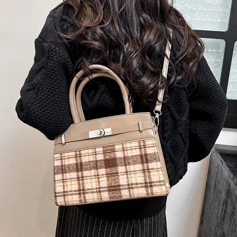 Borsa a Mano Patchwork Scozzese da Donna in Pelle PU a Tracolla Con Chiusura a Girello Argento Stile Vintage Borsa Tote