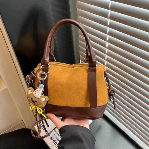 Vintage Γυναικεία Τσάντα Boston Patchwork Suede PU Δερμάτινη Τσάντα Χειρός Μεγάλη Χωρητικότητα Τσάντα Ώμου Με Αρκουδάκι