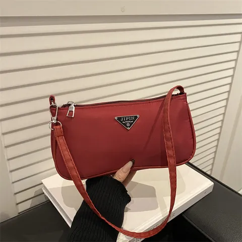 Women Minimalist Nylon Underarm Bag Vintage Hobo Bag With Triangle Logo Metal Zipper Solid Color Fashion Small Shoulder Bag