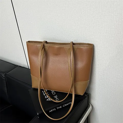 Large Capacity Women PU Leather Tote Bag Fashion Litchi Pattern Commuter Shoulder Bag Korean Style Solid Color Handbag