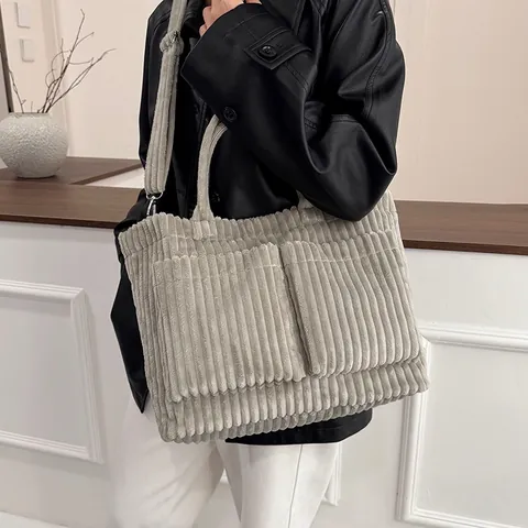 Damen Cord Tote Tasche Große Kapazität Vintage Lässig Schulter Umhängetasche Mit Doppelten Vordertaschen Verstellbarer Gurt