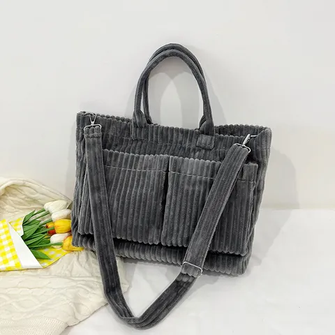 Damen Cord Tote Tasche Große Kapazität Vintage Lässig Schulter Umhängetasche Mit Doppelten Vordertaschen Verstellbarer Gurt