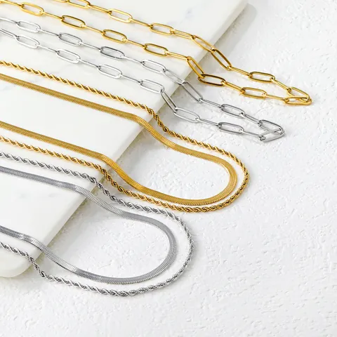 Double Layer Stainless Steel Necklace For Women 18K Gold Plated Herringbone Rope Chain Minimalist Paperclip Link Jewelry