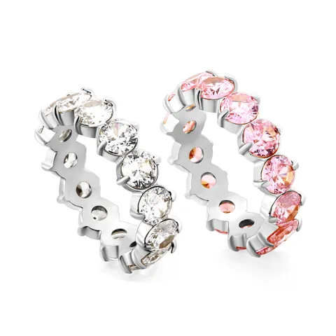 Stainless Steel Eternity Ring With Clear Pink Zirconia Full Circle Pave Inlaid Gold Silver Plated Fashion Women Jewelry Gift