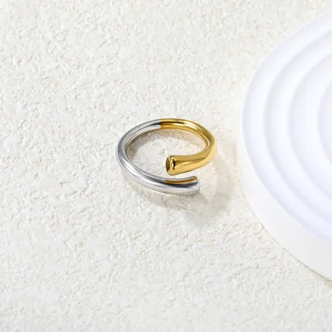 Bague Ouverte en Acier Inoxydable Minimaliste Bicolore pour Femme Plaqué Or 18K Géométrique Réglable Bijoux de Doigt