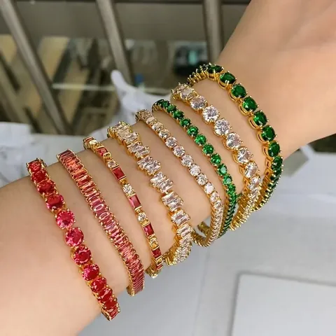 Bracelet de Tennis Exquis en Acier Inoxydable Plaqué Or 18K Bracelet en Cristal Ovale Baguette en Zircone Multicolore pour Cadeau Bijoux Femme