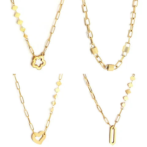 Collier Chaîne Trombone en Acier Inoxydable Plaqué Or 18K Avec Pendentif Fleur Cœur Cadenas Hexagone Bijoux pour Femmes
