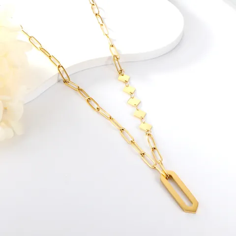 Collier Chaîne Trombone en Acier Inoxydable Plaqué Or 18K Avec Pendentif Fleur Cœur Cadenas Hexagone Bijoux pour Femmes