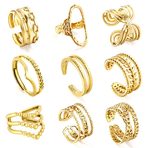 18K Gold Plated Stainless Steel Adjustable Open Ring For Women Fashion Geometric Irregular Hammered Layered Statement Ring Jewelry