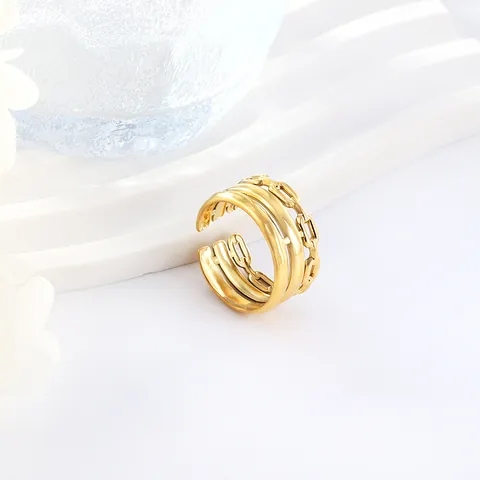 18K Gold Plated Stainless Steel Adjustable Open Ring For Women Fashion Geometric Irregular Hammered Layered Statement Ring Jewelry