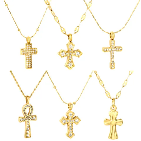 Stainless Steel Zircon Cross Pendant Necklace For Women Gold Silver Ankh Cross Fashion Clavicle Chain Religious Jewelry Gift