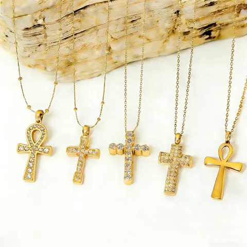 Stainless Steel Zircon Cross Pendant Necklace For Women Gold Silver Ankh Cross Fashion Clavicle Chain Religious Jewelry Gift