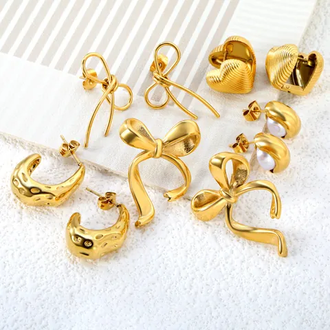 Stainless Steel Bow Knot Heart Stud Earrings For Women Gold Silver Plated Hoop Earrings Exquisite Fashion Jewelry Gift