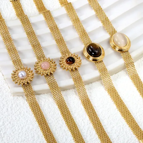 Vintage 18K Gold Plated Stainless Steel Mesh Chain Necklace Bracelet For Women Cat Eye Stone Tiger Eye Pendant Jewelry