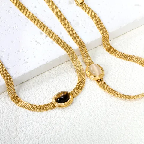 Vintage 18K Gold Plated Stainless Steel Mesh Chain Necklace Bracelet For Women Cat Eye Stone Tiger Eye Pendant Jewelry