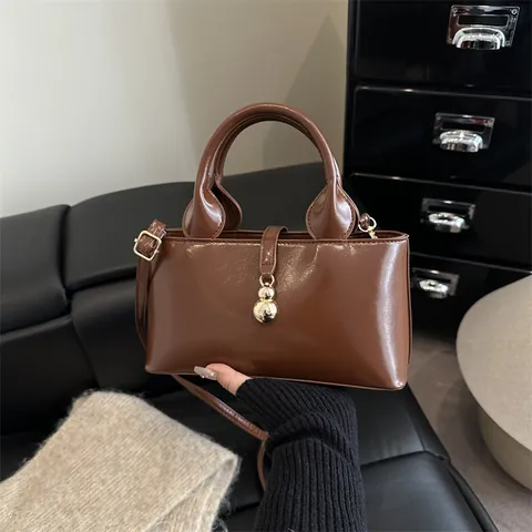 Women Glossy PU Leather Handbag Elegant Square Shoulder Bag With Golden Gourd Pendant Versatile Commuter Top Handle Bag