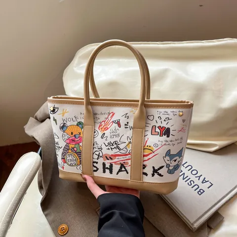 Sac Cabas pour Femme en Toile avec Graffiti d'Ours de Dessin Animé avec Bordure en Cuir PU Grande Capacité Sac à Épaule Décontracté pour Navetteur