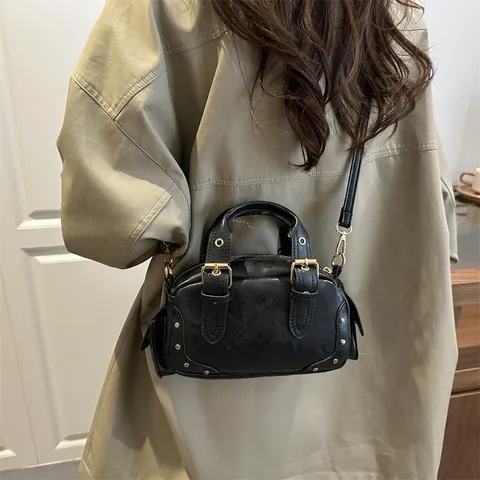 Vintage Bowling Bag Women Niche Texture Handbag Chic Motorcycle Shoulder Casual Crossbody Bag Solid Color PU Leather Gold Rivet